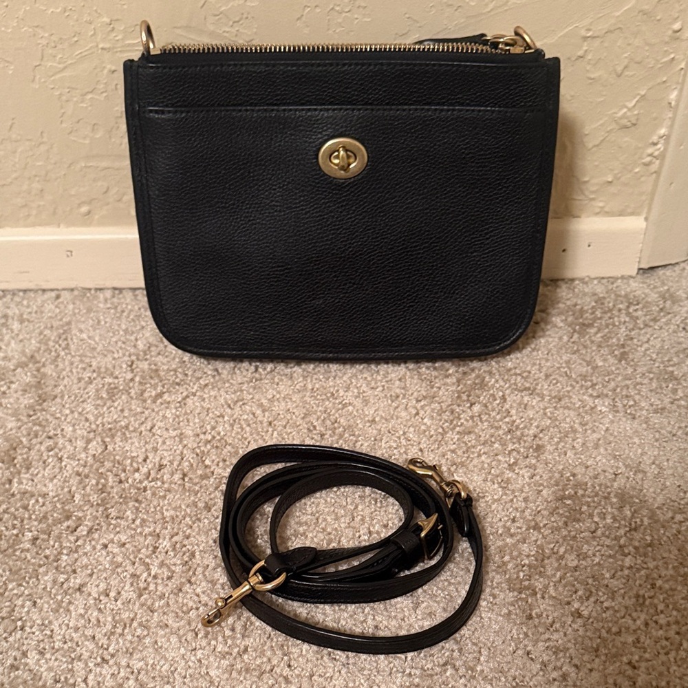 Coach Black Leather Crossbody with Gold-Tone Turnlock